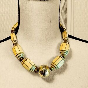 Vintage 80s Chunky Necklace Cream and Gold Choker with Bold Beads Handmade